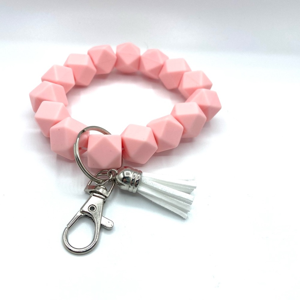 Pink Geometric Beaded Bracelet Keychain with Tassel